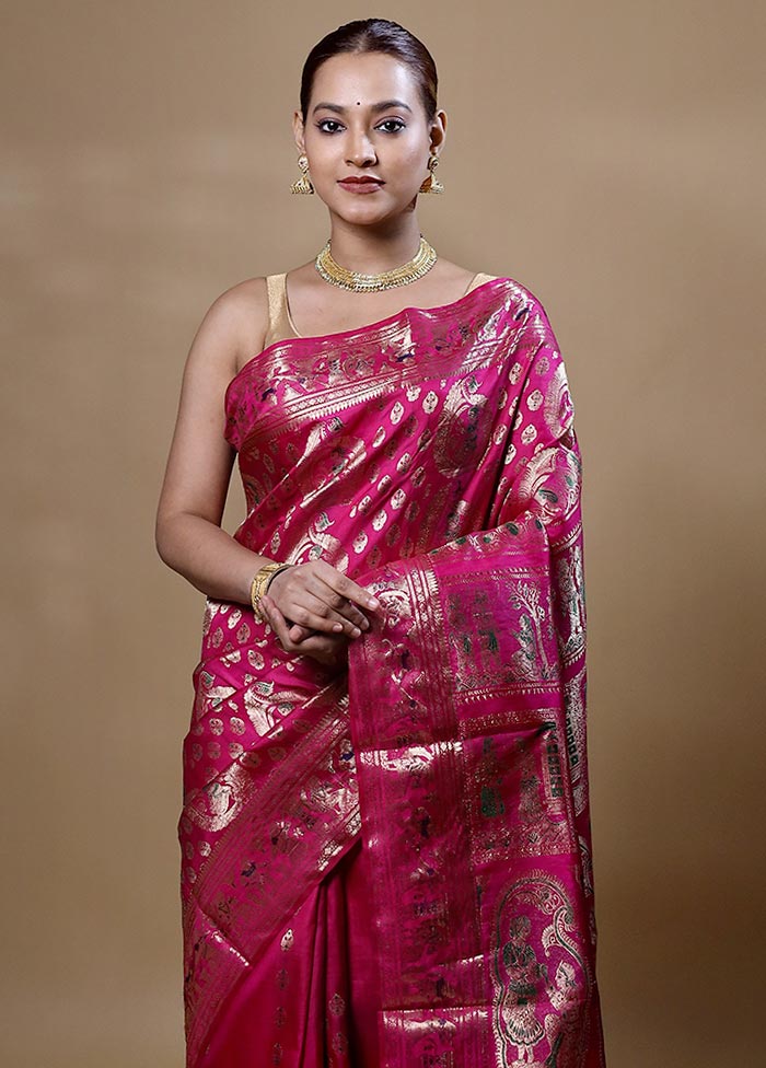 Pink Handloom Baluchari Pure Silk Saree With Blouse Piece