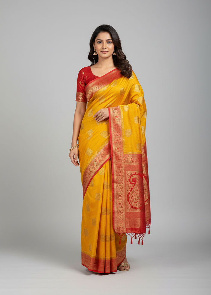Yellow Dupion Silk Saree With Blouse Piece