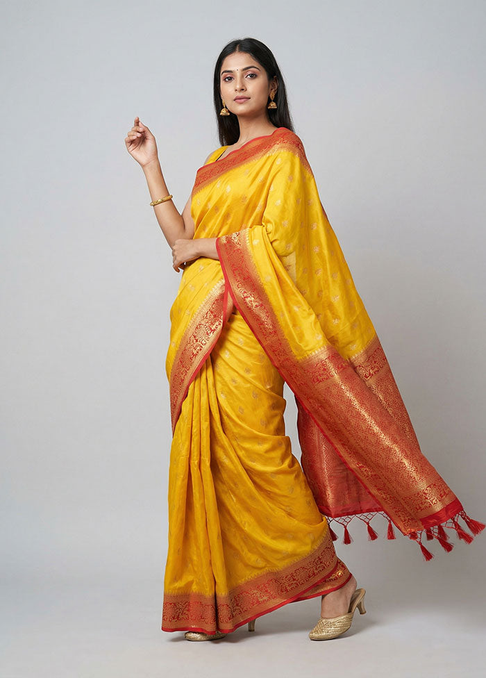 Yellow Dupion Silk Saree With Blouse Piece