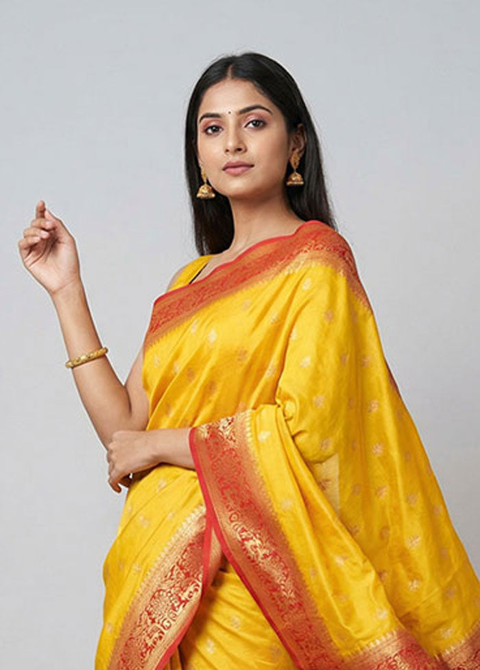 Yellow Dupion Silk Saree With Blouse Piece