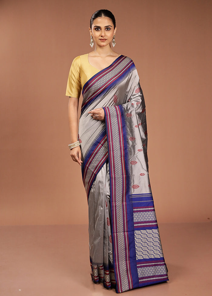 Grey Kanjivaram Silk Saree With Blouse Piece