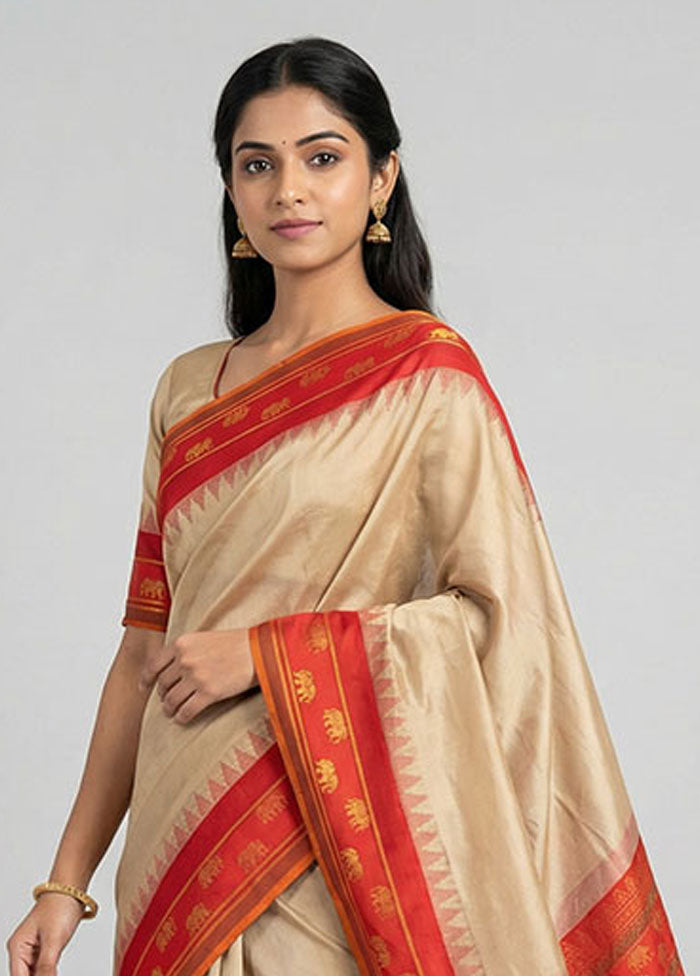 Cream Kanjivaram Silk Saree With Blouse Piece