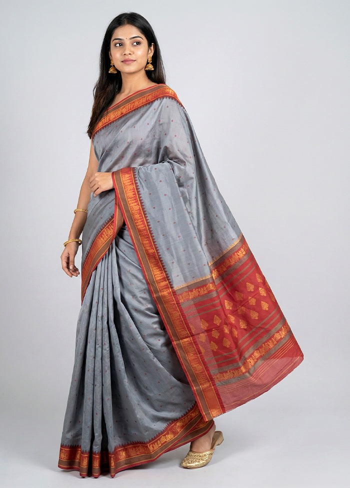Grey Kanjivaram Silk Saree With Blouse Piece