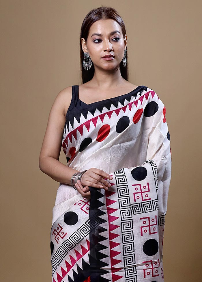 White Printed Silk Saree Without Blouse Piece