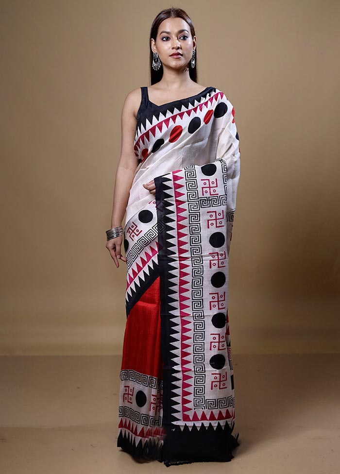 White Printed Silk Saree Without Blouse Piece