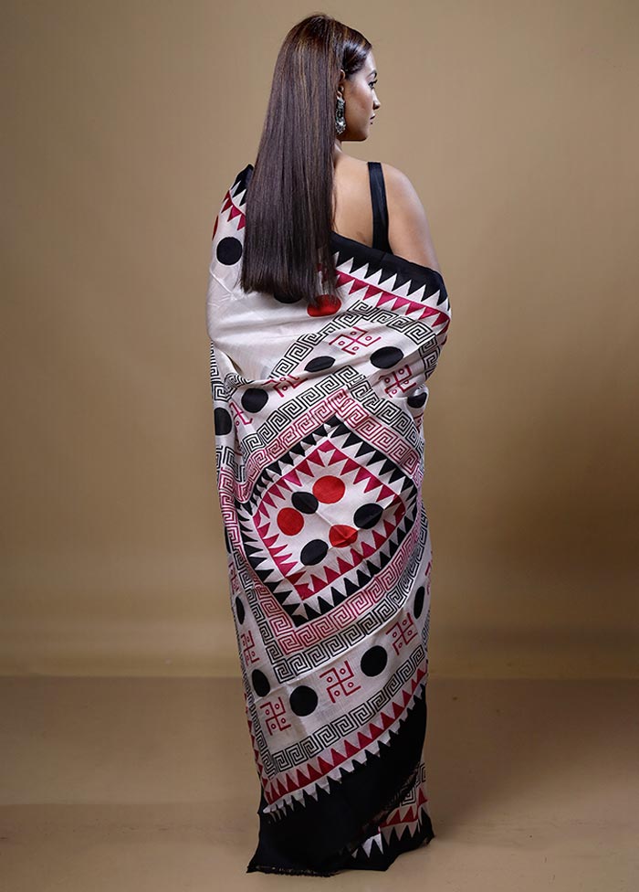 White Printed Silk Saree Without Blouse Piece