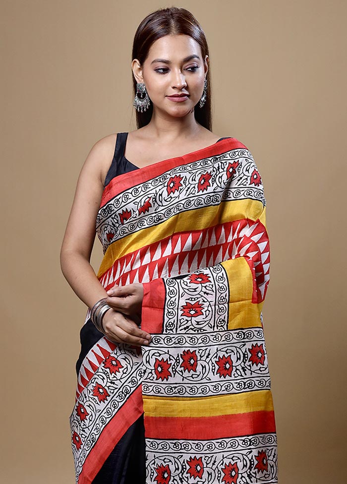 Yellow Printed Silk Saree Without Blouse Piece