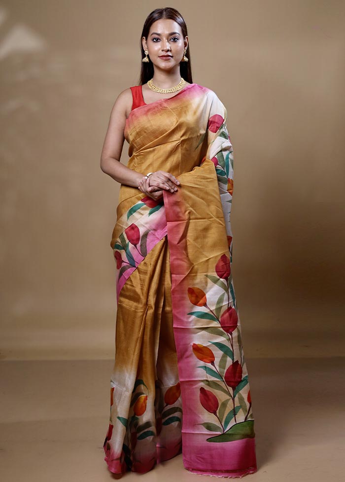Yellow Printed Silk Saree Without Blouse Piece