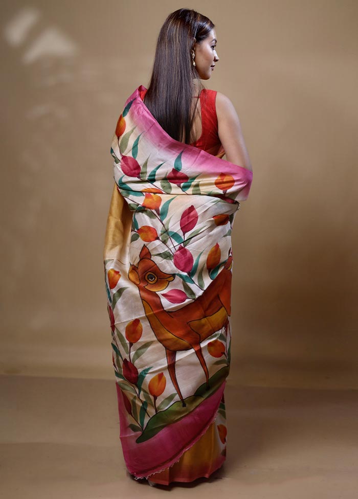 Yellow Printed Silk Saree Without Blouse Piece