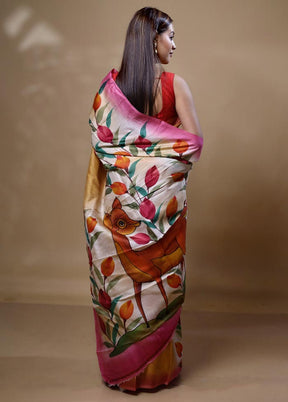 Yellow Printed Silk Saree Without Blouse Piece