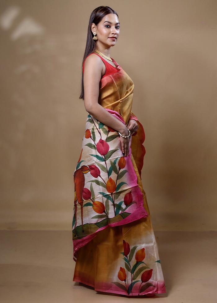 Yellow Printed Silk Saree Without Blouse Piece