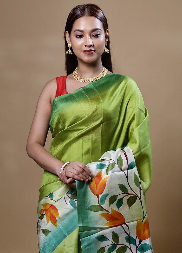 Green Printed Silk Saree Without Blouse Piece