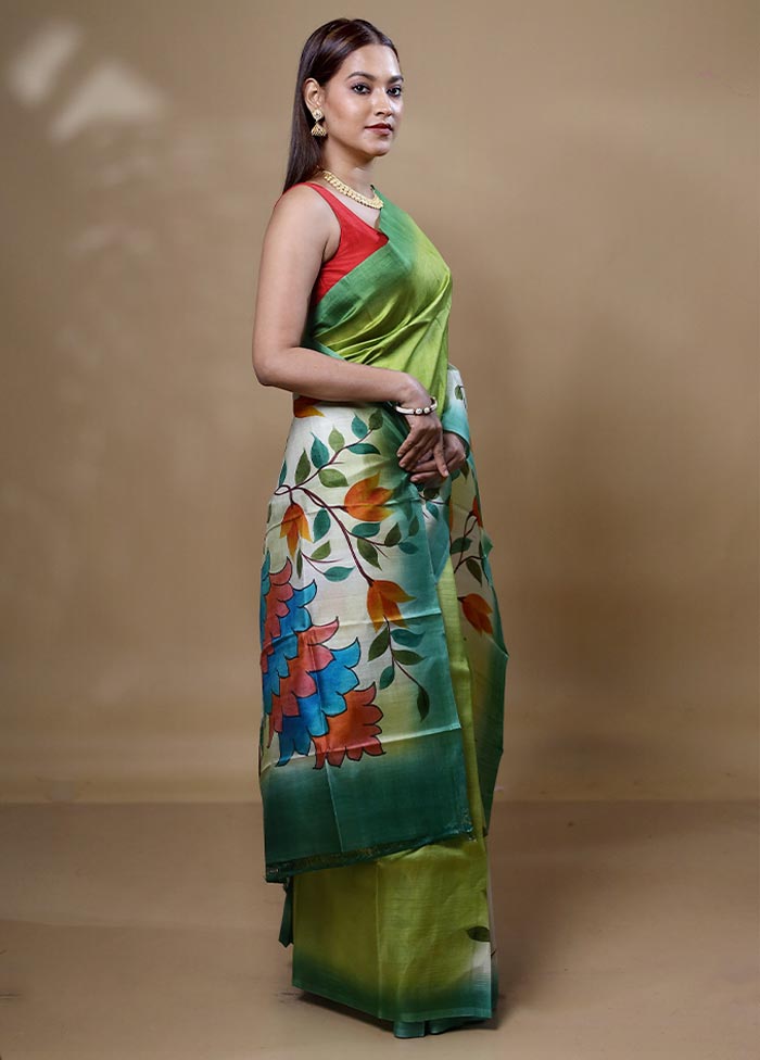 Green Printed Silk Saree Without Blouse Piece