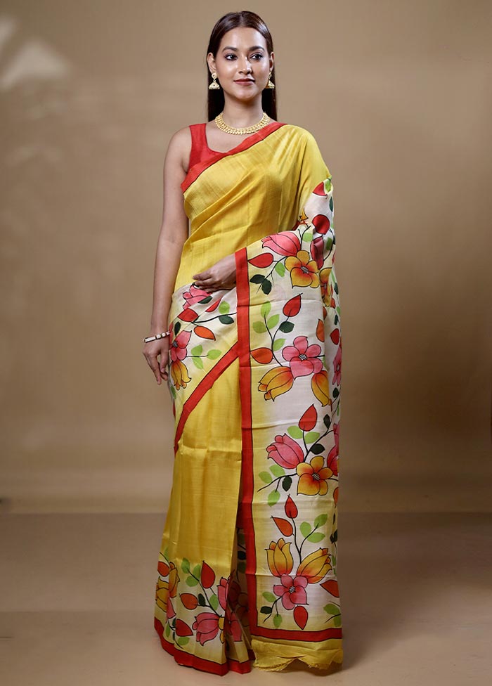 Yellow Printed Silk Saree Without Blouse Piece