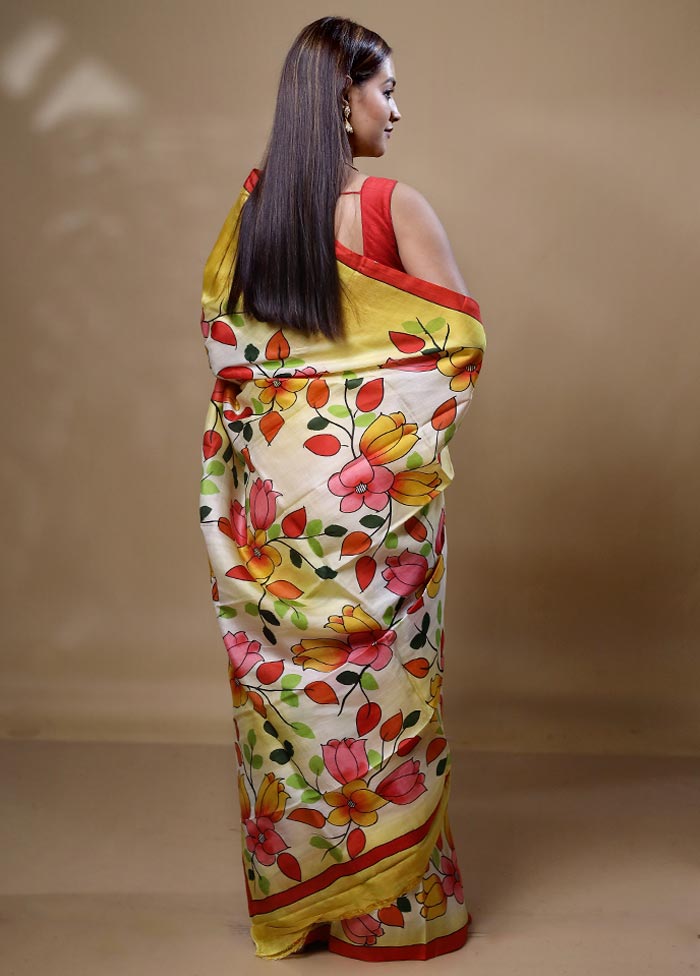 Yellow Printed Silk Saree Without Blouse Piece