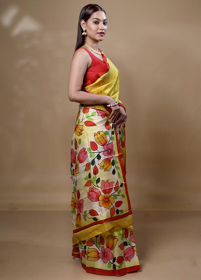 Yellow Printed Silk Saree Without Blouse Piece