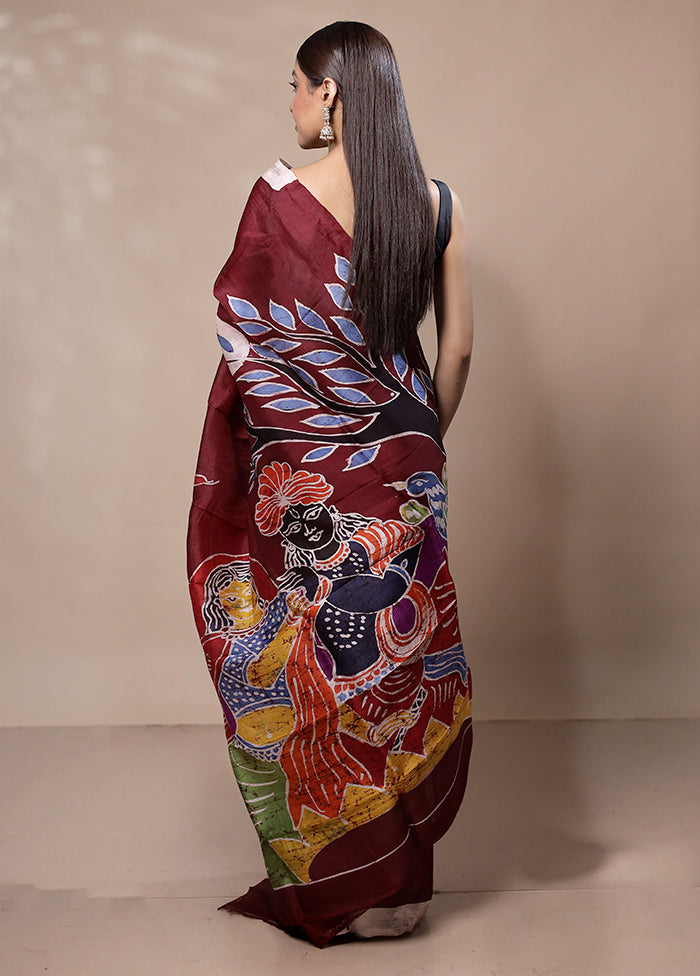 Maroon Printed Silk Saree Without Blouse Piece