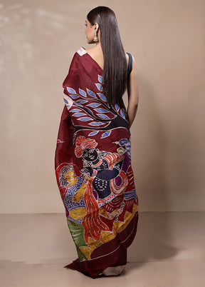 Maroon Printed Silk Saree Without Blouse Piece
