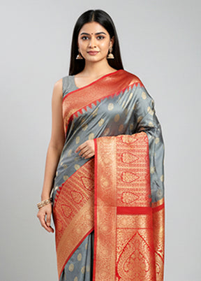Grey Handloom Kanchipuram Pure Silk Saree With Blouse Piece