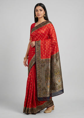 Red Dupion Silk Saree With Blouse Piece