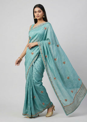 Blue Tissue Silk Saree With Blouse Piece