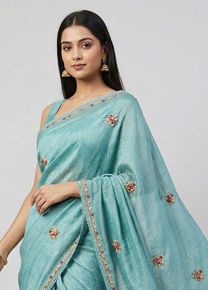 Blue Tissue Silk Saree With Blouse Piece