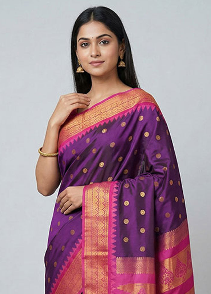 Purple Kanjivaram Silk Saree With Blouse Piece