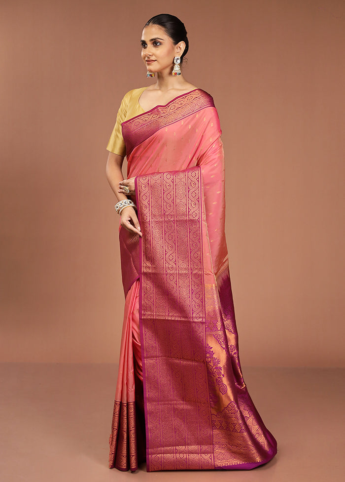 Pink Kanjivaram Silk Saree With Blouse Piece