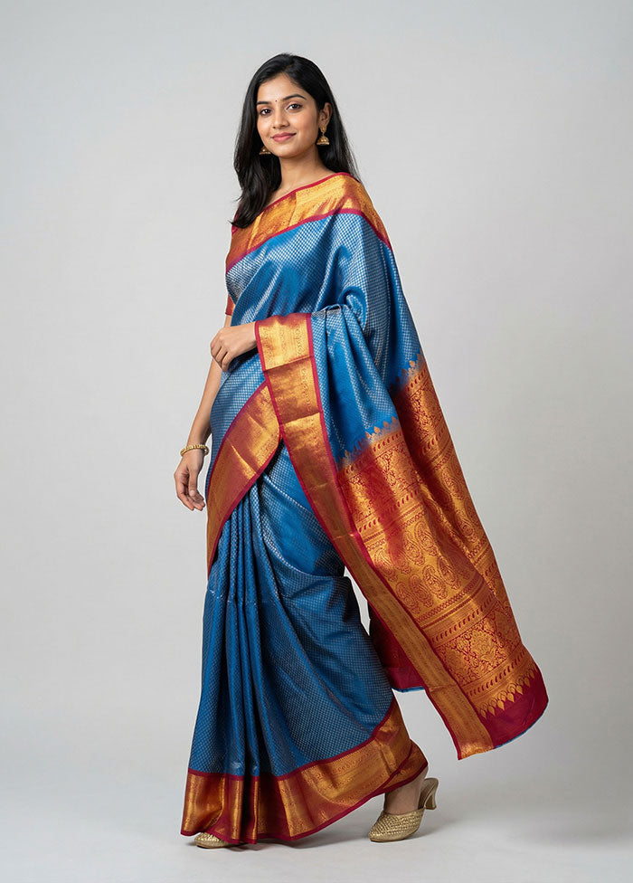 Blue Kanjivaram Silk Saree With Blouse Piece