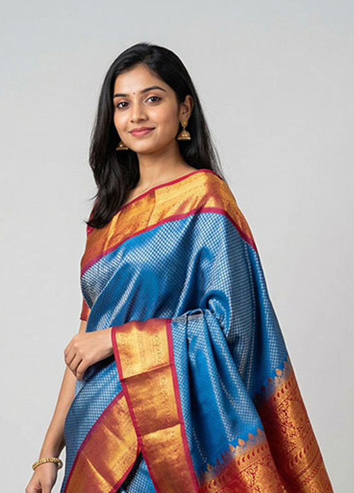 Blue Kanjivaram Silk Saree With Blouse Piece