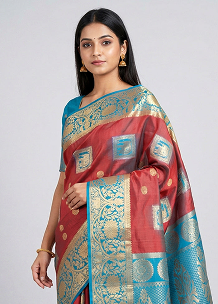 Maroon Handloom Kanchipuram Pure Silk Saree With Blouse Piece