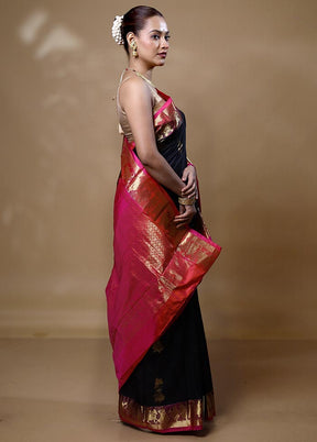 Black Handloom Kanjivaram Pure Silk Saree With Blouse Piece