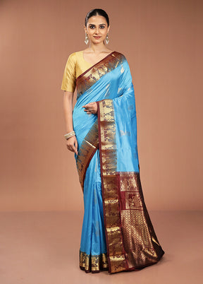 Blue Handloom Kanjivaram Pure Silk Saree With Blouse Piece