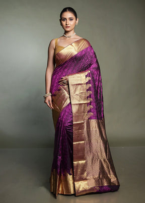 Purple Handloom Kanjivaram Pure Silk Saree With Blouse Piece