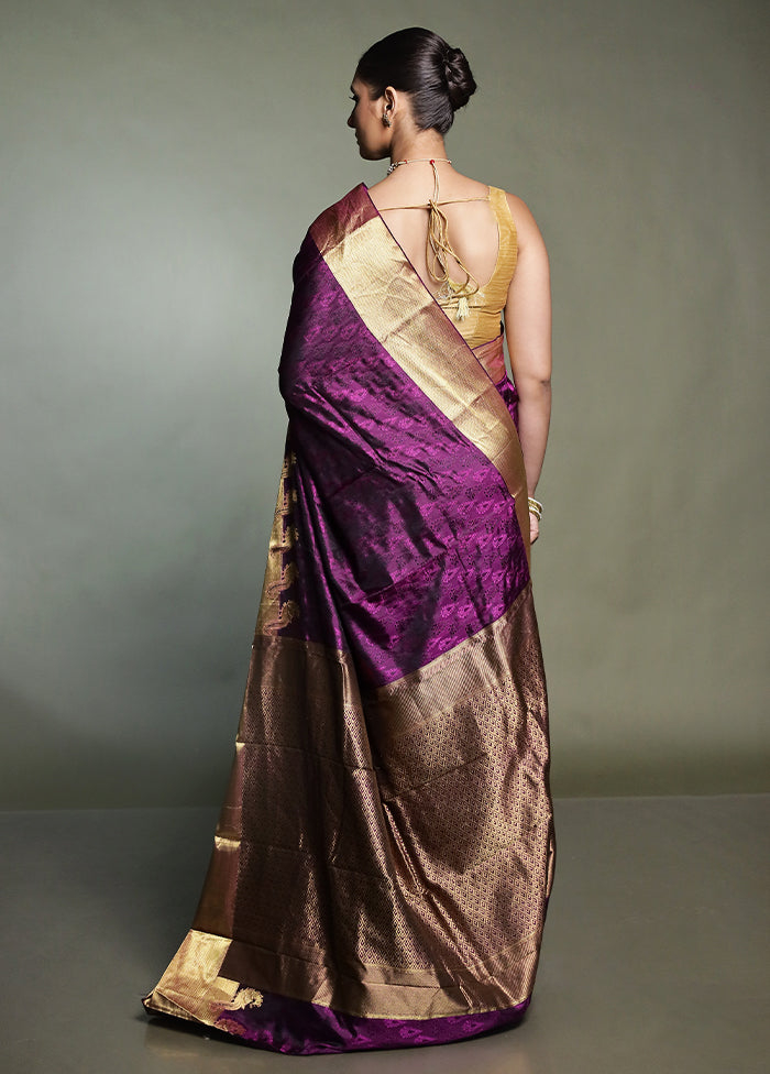 Purple Handloom Kanjivaram Pure Silk Saree With Blouse Piece
