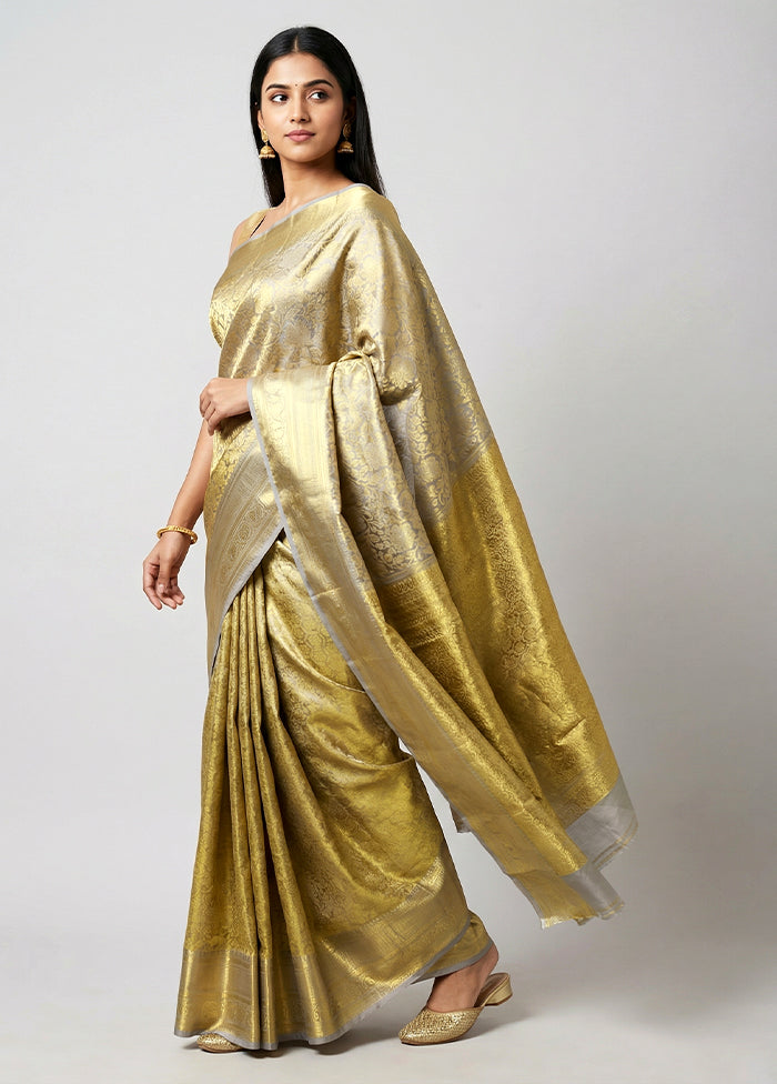 Grey Handloom Kanchipuram Pure Silk Saree With Blouse Piece