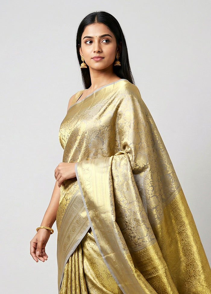 Grey Handloom Kanchipuram Pure Silk Saree With Blouse Piece
