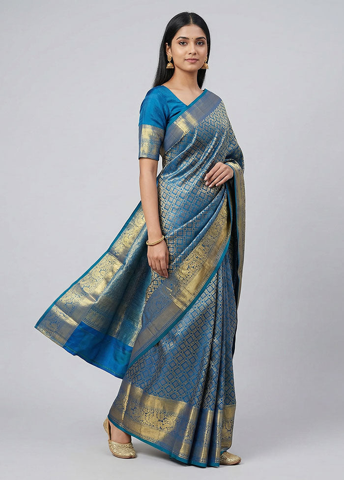 Blue Handloom Kanchipuram Pure Silk Saree With Blouse Piece