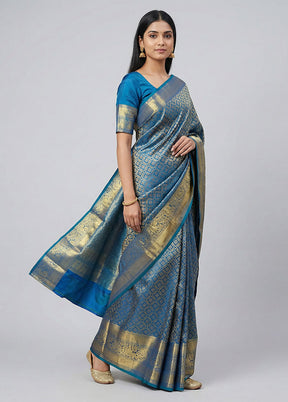 Blue Handloom Kanchipuram Pure Silk Saree With Blouse Piece