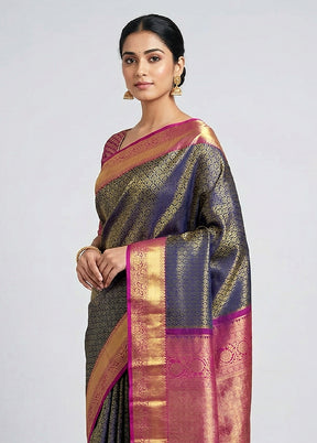 Blue Handloom Kanchipuram Pure Silk Saree With Blouse Piece