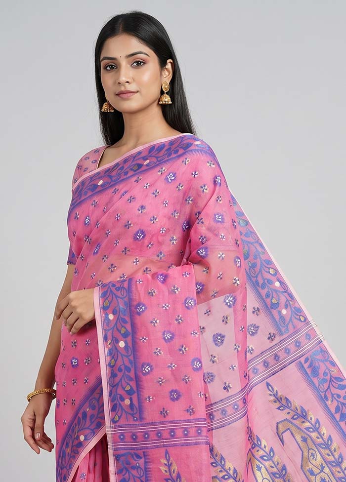 Pink Jamdani Cotton Saree Without Blouse Piece