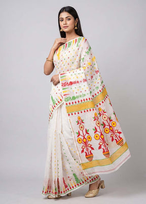 White Jamdani Cotton Saree Without Blouse Piece