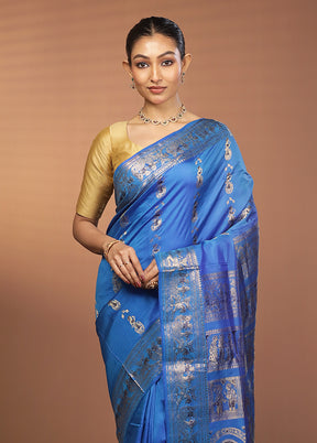 Blue Handloom Baluchari Pure Silk Saree With Blouse Piece