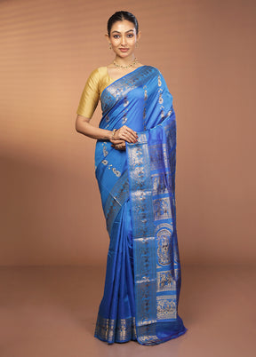 Blue Handloom Baluchari Pure Silk Saree With Blouse Piece