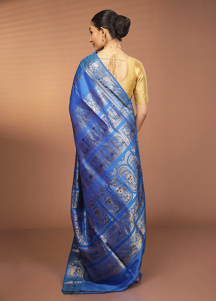 Blue Handloom Baluchari Pure Silk Saree With Blouse Piece