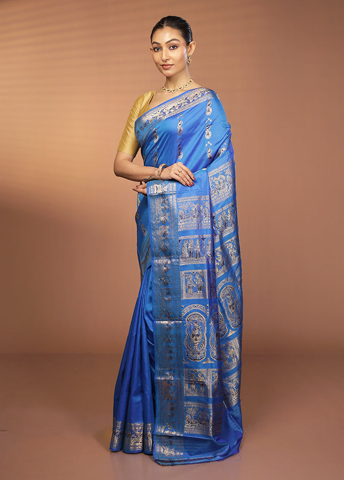 Blue Handloom Baluchari Pure Silk Saree With Blouse Piece