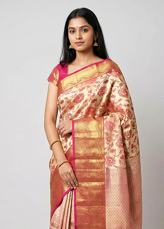 Gold Handloom Kanchipuram Pure Silk Saree With Blouse Piece