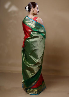 Red Handloom Kanchipuram Pure Silk Saree With Blouse Piece