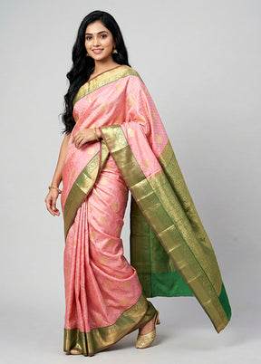 Pink Handloom Kanchipuram Pure Silk Saree With Blouse Piece
