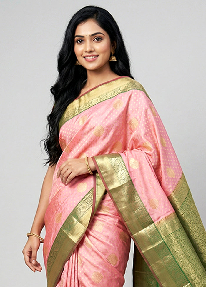 Pink Handloom Kanchipuram Pure Silk Saree With Blouse Piece